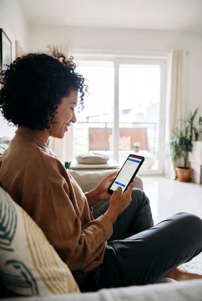 A woman smiling as she fills out a visa application on her phone while sitting on a sofa in a bright living room